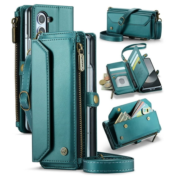 for Samsung Galaxy Z Fold 5 Full Body Protection Wallet Folio Flip Case, Shoulder Strap & Wristlet Card Slots Zipper Pocket RFID Blocking Rugged Durable PU Leather Phone Case Cover, Green