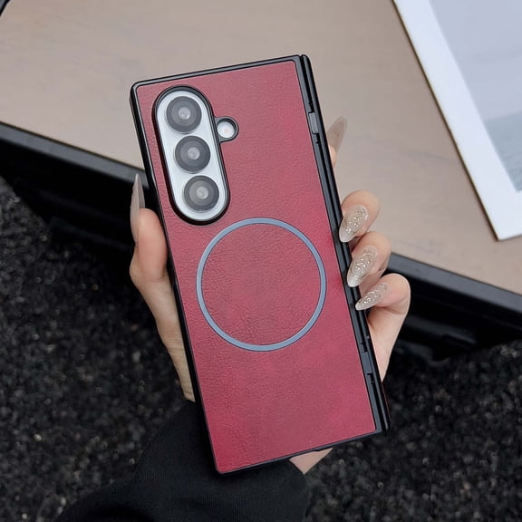 For Samsung Galaxy Z Fold 5 Magnetic Phone Case,2-in-1 Heavy Duty,Compatible with Mag-safe,With Hinge Protection,Ultra Slim PU Leather Shockproof Anti-Scratch Rugged Phone Case,Red