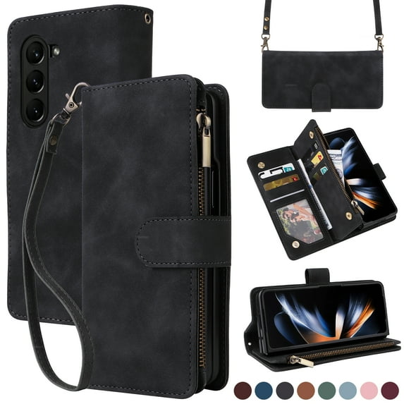 for Samsung Galaxy Z Fold 5 Multifunctional Case Wallet with Card Slots, Premium Soft PU Leather Zipper Folio Flip with Crossbody Strap Kickstand Zipper Phone Cover for Samsung Galaxy Z Fold 5, Black
