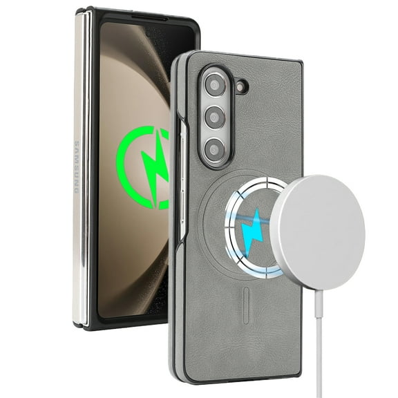 for Samsung Galaxy Z Fold 5 PU Leather Case – Magnetic Cover Compatible with Mag-Safe, Shockproof Slim Fit with Camera Protection for Samsung Galaxy Z Fold 5 Case Support Magnetic Car Mount, Gray