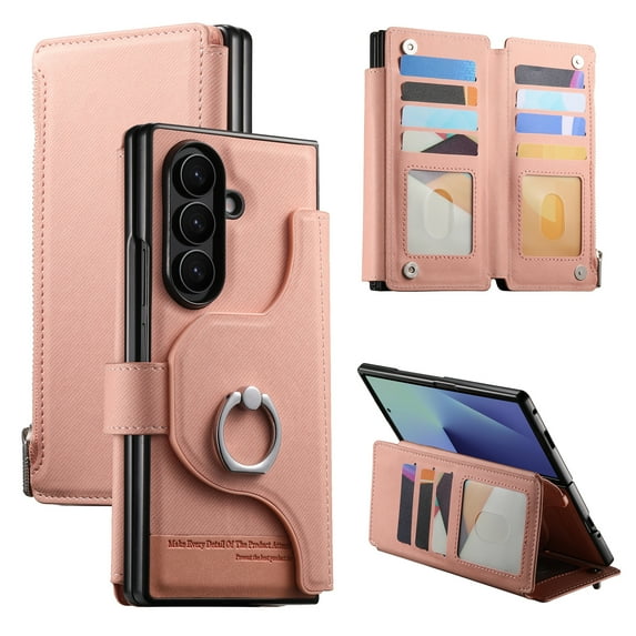 for Samsung Galaxy Z Fold 5 PU Leather Protective Rugged Case, with Built-in Grip Ring & Stylus Slot, with Detachable Magnetic Credit Card Slots Zipper Wallet Kickstand Phone Cover, Pink