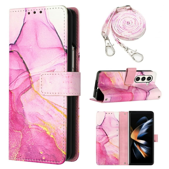 for Samsung Galaxy Z Fold 5 PU Leather Wallet case, Marble Pattern Credit Card Holder,Flip Folio Book Kickstand Cover Women Men with Long Strap for Samsung Galaxy Z Fold 5 5G, Pink Purple Gold