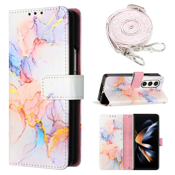 for Samsung Galaxy Z Fold 5 PU Leather Wallet case, Marble Pattern Credit Card Holder,Flip Folio Book Kickstand Cover Women Men with Long Strap for Samsung Galaxy Z Fold 5 5G, Galaxy White Marble