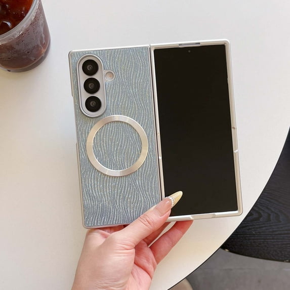For Samsung Galaxy Z Fold 5 Phone Case,Silver Bumper Design,Bling Glitter Cute Wavy Pattern Back,Compatible with Mag-safe,Ultra Slim Anti-Scratch Shockproof Durable Phone Case,Blue
