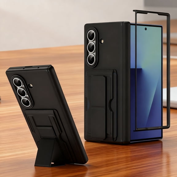 For Samsung Galaxy Z Fold 5 Phone Case,With Card Slots,Contractile Kickstand,Hinge Protection,Shockproof Heavy Duty Anti-fall Drop Protection,Anti-scratch PU Leather Back Rugged Phone Case,Black
