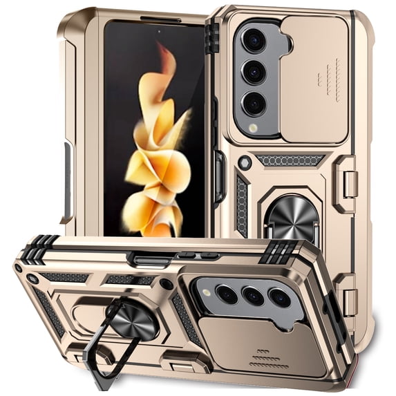 for Samsung Galaxy Z Fold 5 Rugged Phone Case with Sliding Camera Cover, Kickstand TPU Bumper Drop Proof Durable Military Grade Protective Case for Samsung Galaxy Z Fold 5, Gold