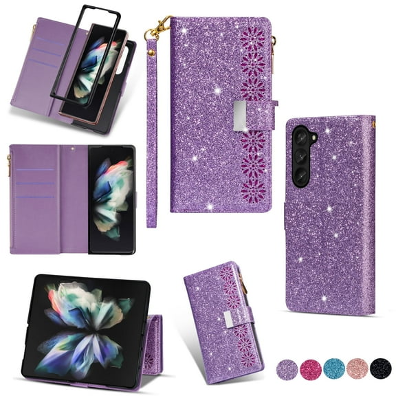Samsung Galaxy Z Fold 5 Stylish Wallet Case,Bling Glitter Leather Zipper Pocket 9 Card Holders Stand Function Magnetic Clasp Detachable Lanyard Purse Case  Galaxy Z Fold 5,Purple