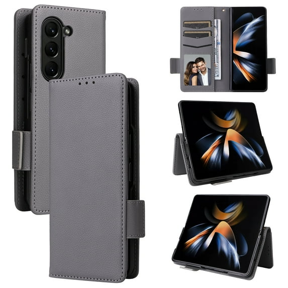for Samsung Galaxy Z Fold 5 Wallet Case with RFID Blocking Credit Card Holder, Lichee Patterned Luxury PU Leather Folio Flip Kickstand Protective Shockproof Cover Women Men Phone Case,Gray