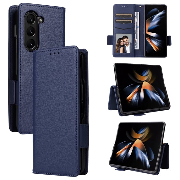 for Samsung Galaxy Z Fold 5 Wallet Case with RFID Blocking Credit Card Holder, Lichee Patterned Luxury PU Leather Folio Flip Kickstand Protective Shockproof Cover Women Men Phone Case,Darkblue