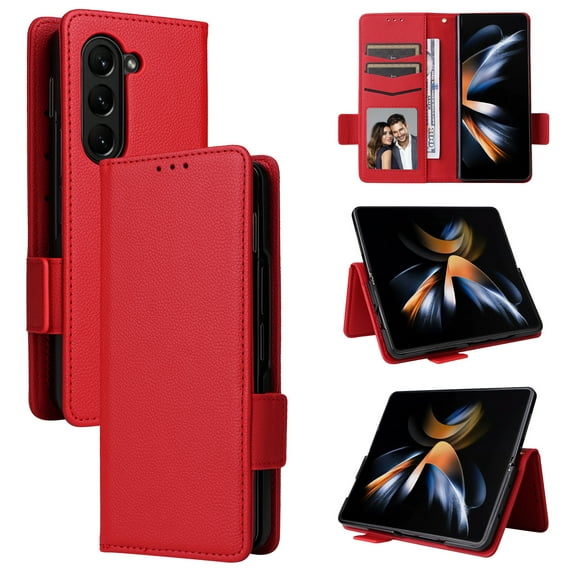 for Samsung Galaxy Z Fold 5 Wallet Case with RFID Blocking Credit Card Holder, Lichee Patterned Luxury PU Leather Folio Flip Kickstand Protective Shockproof Cover Women Men Phone Case,Red
