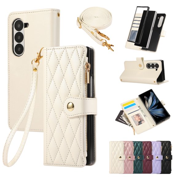 for Samsung Galaxy Z Fold 5 Wallet Case with Zipper Pocket Card Holder & Crossbody Lanyard & Wrist Strap, Flip Stand PU Leather Magnetic Folio Purse Case for Samsung Galaxy Z Fold 5, Beige
