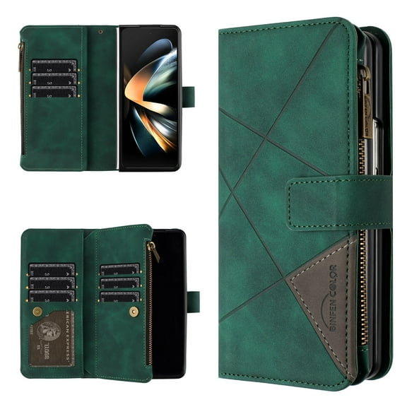 for Samsung Galaxy Z Fold 5 Wallet Case with Zipper Pocket and Credit Card Slots, Cash Holder, Premium PU Leather Magnetic Clasp Full Body Protection Cover for Samsung Galaxy Z Fold 5, Green