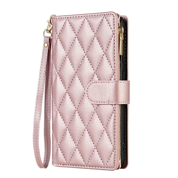 for Samsung Galaxy Z Fold 5 Wallet Phone case with Card Holder,Kickstand RFID Blocking PU Leather Flip Shockproof Phone Cover with Hand Strap Zipper Credit Card Holder Slots for Women Men,Rosegold