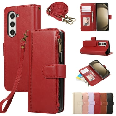 for Samsung Galaxy Z Fold 5 Wallet case with Card Holder for Women Men,Phone case RFID Blocking PU Leather Flip Cover with Strap Zipper Credit Card Slots,Kickstand,With Wrist Strap,Red