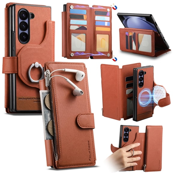 For Samsung Galaxy Z Fold 6 2-in-1 Phone Case,Magnetic Detachable Flip,With Zipper Pocket,Card Slots,Ring Holder,PU Leather Flip Fold Kickstand,Support Wireless Charging,Shokcproof Case,Brown
