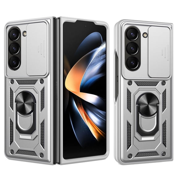 for Samsung Galaxy Z Fold 6 5G Case, with Ring Kickstand and Screen Protector, Heavy Duty Protection Shockproof Rubber PC Phone Back Cover for Samsung Galaxy Z Fold 6 with Sliding Cover, Silver