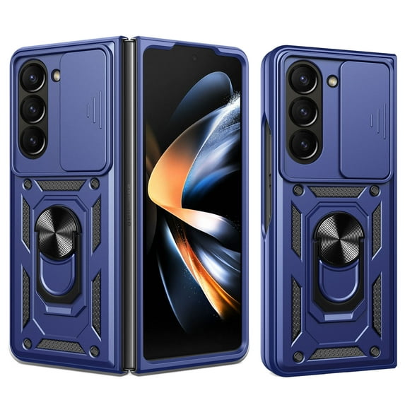for Samsung Galaxy Z Fold 6 5G Case, with Ring Kickstand and Screen Protector, Heavy Duty Protection Shockproof Rubber PC Phone Back Cover for Samsung Galaxy Z Fold 6 with Sliding Cover, Blue