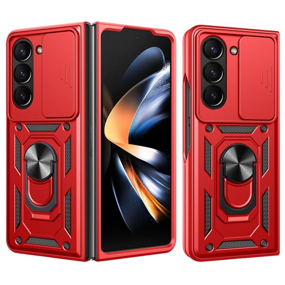 for Samsung Galaxy Z Fold 6 5G Case, with Ring Kickstand and Screen Protector, Heavy Duty Protection Shockproof Rubber PC Phone Back Cover for Samsung Galaxy Z Fold 6 with Sliding Cover, Red