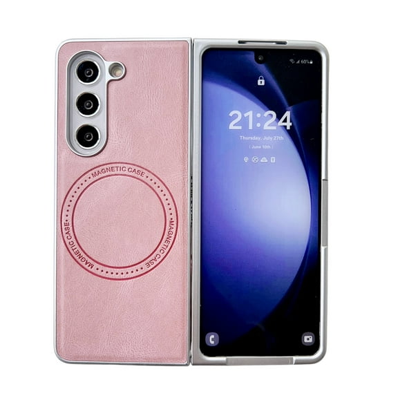 for Samsung Galaxy Z Fold 6 5G Leather Case, [Compatible with MagSafe] PU Leather + Hard PC Shell Slim Durable Protective Wireless Charging Phone Case Cover for Samsung Galaxy Z Fold 6, Pink