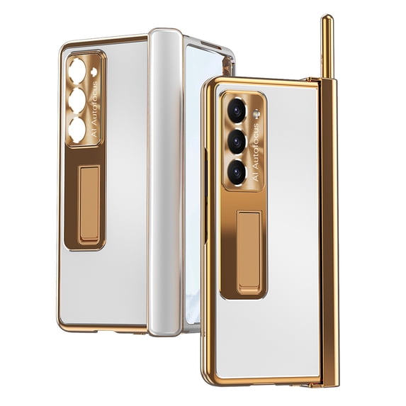for Samsung Galaxy Z Fold 6, Aluminium Alloy Plating Double Magnetic Hinge Protection with S Pen Holder with Screen Protector Full Body Protection for Samsung Galaxy Z Fold 6 - Silver + Dark Gold