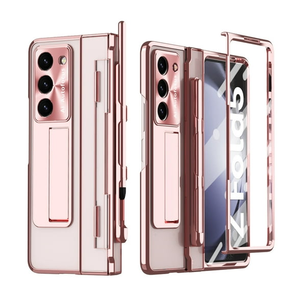 For Samsung Galaxy Z Fold 6 Case, Built-in S Pen & S Pen Holder & Hidden Kickstand with Stylus, Wireless Charging Hard PC Shockproof Military Grade Protection Case, Rosegold