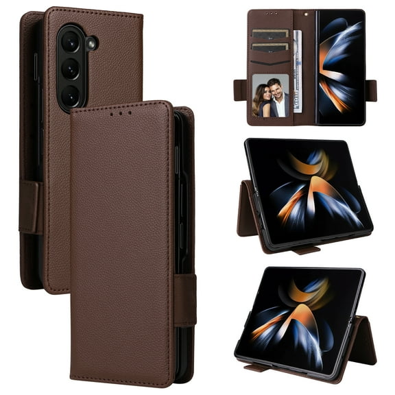 for Samsung Galaxy Z Fold 6 Case, Classic Design PU Leather Wallet Magnetic Closure Flip Case with Kickstand Card Holder Slot Shockproof Protective Cover for Samsung Galaxy Z Fold 6 5G - Brown