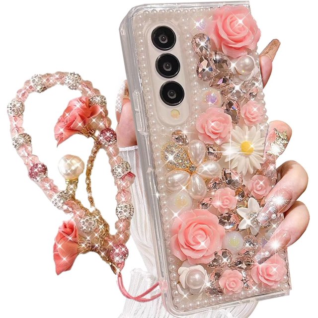 for Samsung Galaxy Z Fold 6 Case,Cute Bling Glitter Sparkle Stunning Stones Diamond Rhinestone 3D Handmade Pearl Rose Flower with Wrist Lanyard Women Girly for Galaxy Z Fold 6 (Pink)
