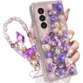 thumbnail image 1 of for Samsung Galaxy Z Fold 6 Case,Cute Bling Glitter Sparkle Stunning Stones Diamond Rhinestone 3D Handmade Pearl Rose Flower with Wrist Lanyard Women Girly for Galaxy Z Fold 6 (Purple), 1 of 9