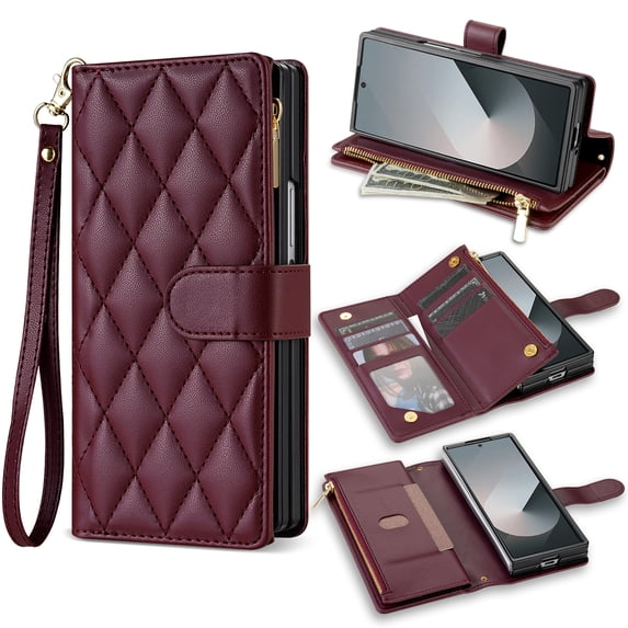 for Samsung Galaxy Z Fold 6 Case, Elegant PU Leather Case with Diamond Finger Ring & Ring Buckle, Shockproof Full Body Protection Fashionable Protective Cover for Samsung Galaxy Z Fold 6, Winered