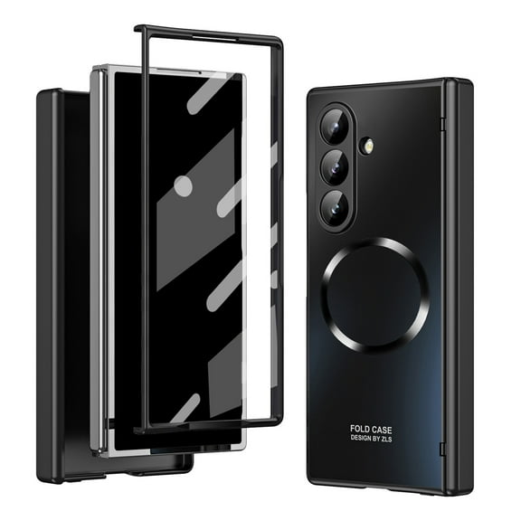 for Samsung Galaxy Z Fold 6 Case, Front Tempered Glass Screen Protector, Premium PC Protective Phone Cover, Luxury Glossy Shockproof Hinge Protection, for Samsung Galaxy Z Fold 6, Black