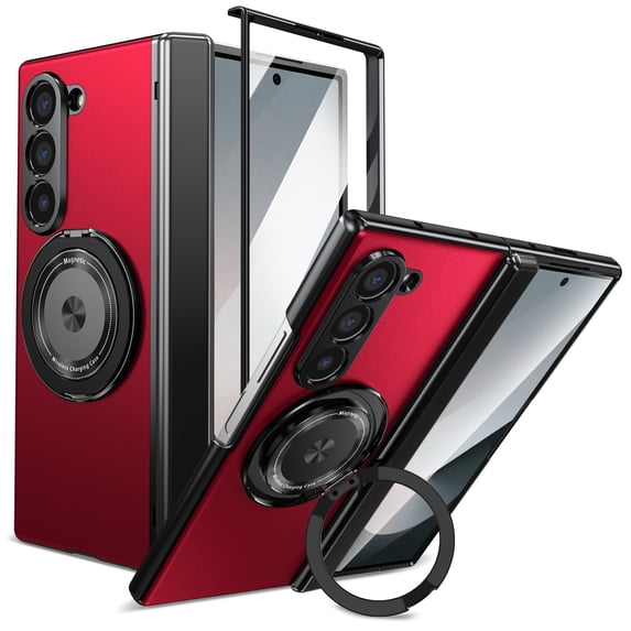 for Samsung Galaxy Z Fold 6 Case , Hinge Protection Case with Front Screen Protector 360°Ring Magnetic Kickstand Protective Shockproof Case for Samsung Galaxy Z Fold 6,Red