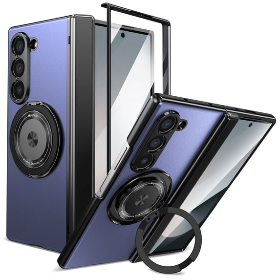 for Samsung Galaxy Z Fold 6 Case , Hinge Protection Case with Front Screen Protector 360°Ring Magnetic Kickstand Protective Shockproof Case for Samsung Galaxy Z Fold 6,Blue