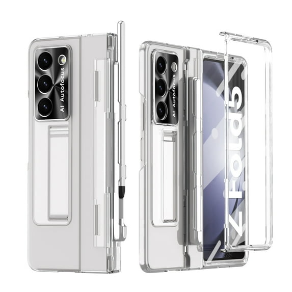 for Samsung Galaxy Z Fold 6 Case with Hinge Protection, Plating Cover Built in Tempered Glass Screen Protector Kickstand Crystal HD Transparent Slim PC Case with Stylus and Stylus Holder, Clear