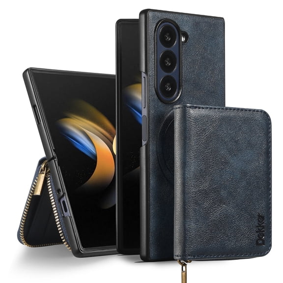 For Samsung Galaxy Z Fold 6 Case,[Magnetic Detachable Flip Zipper Purse][Compatible with Mag-Safe] [With Card Slots] PU Leather Kickstand Shockproof Rugged Anti-fall Phone Case Cover,Blue