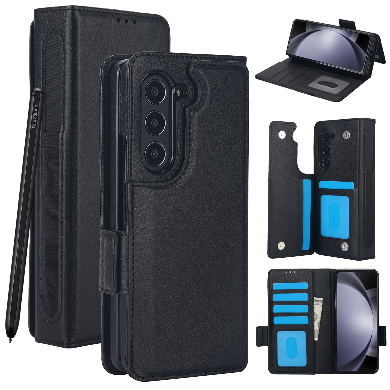 for Samsung Galaxy Z Fold 6 Case with RFID Blocking Card Slots Luxury PU Leather Flip Kickstand Phone Wallet Case with S Pen Holder Magnetic Closure for Samsung Galaxy Z Fold 6, Black