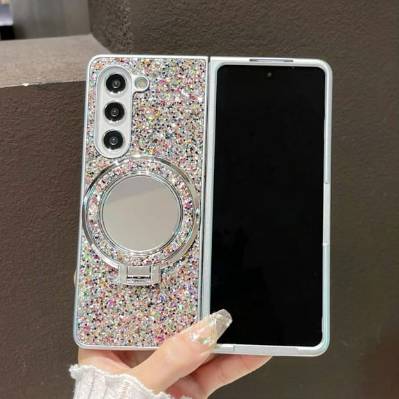 for Samsung Galaxy Z Fold 6 Case with Ring Holder Stand, Phone Case with Secure Grip Ring, Magnetic Support Wireless Charging, Women Girls Luxury Glitter Phone Cover with Built-in Mirror, Silver