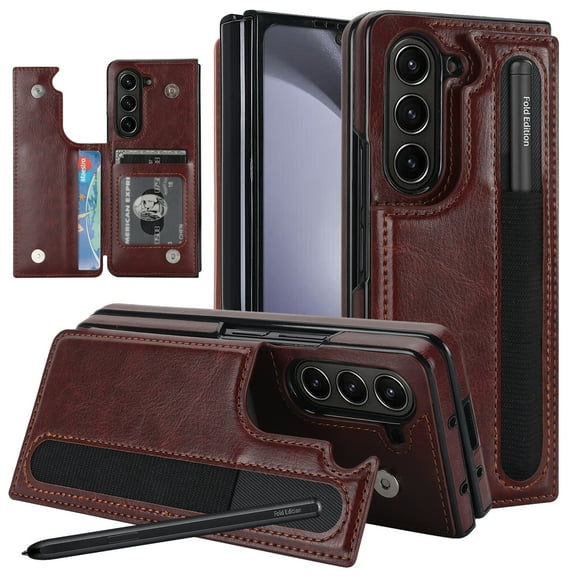 for Samsung Galaxy Z Fold 6 Case with S Pen Holder and Card Holder, Heavy Duty Shockproof Wallet Magnetic Closure Case, Luxury Business Leather Cover Case for Samsung Galaxy Z Fold 6, Brown