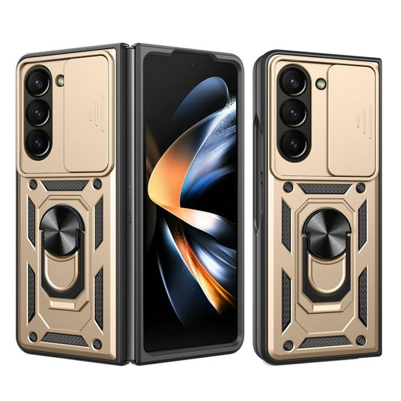 For Samsung Galaxy Z Fold 6 Case with Sliding Camera Lens Cover and Ring Kickstand Heavy Duty Military Grade Rugged Protection Shockproof Back Phone Cover for Samsung Galaxy Z Fold 6, Gold
