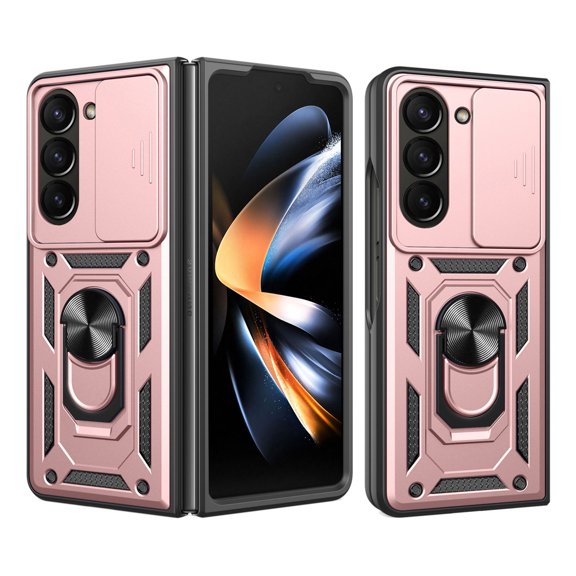 for Samsung Galaxy Z Fold 6 Case with Sliding Lens Window Magnetic Car Mount Rotating Kickstand Hybird 3-layer Non-slipping Military-grade Protection Shell, Rosegold