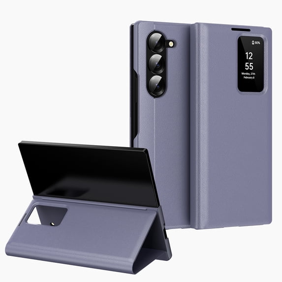 for Samsung Galaxy Z Fold 6 Case Smart Clear View, Slim Design Wallet Leather Anti-Scratch Shockproof Phone Case, Card Holder Pocket Cover For Samsung Galaxy Z Fold 6 Smart View,Purple