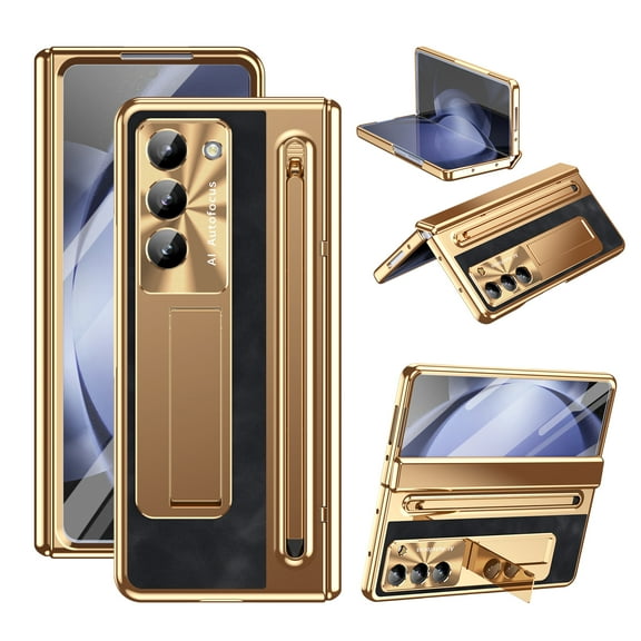 for Samsung Galaxy Z Fold 6 Case, with Stylus + Stylus Holder + Tempered Glass Screen Protector, All-Inclusive PU Leather Plating PC Hinge Protection Case for Samsung Galaxy Z Fold 6, Dark Gold+Black