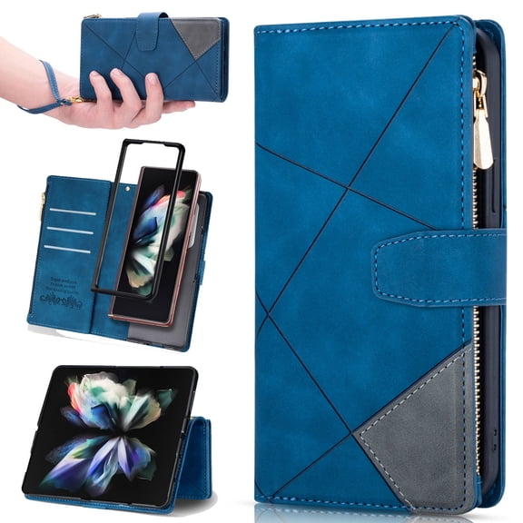 for Samsung Galaxy Z Fold 6 Case Zipper Wallet with 9 Card Holder, for Women Men, Strap Wristlet Wristband Magnetic Closure Kickstand Phone Cover for Samsung Galaxy Z Fold 6 Fold 5 Fold 4 Fold 3