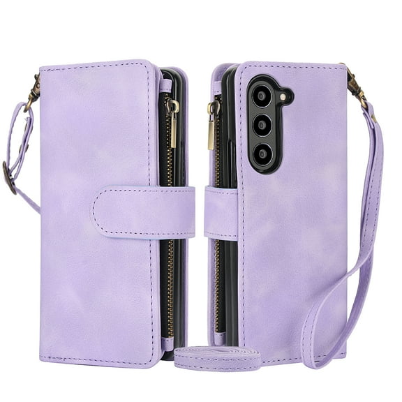 for Samsung Galaxy Z Fold 6 Crossbody Case Wallet with Card Slots - PU Leather Case RFID Blocking Zipper Pocket Lanyard Wrist Strap Shockproof Protective Cover for Samsung Galaxy Z Fold 6, Purple