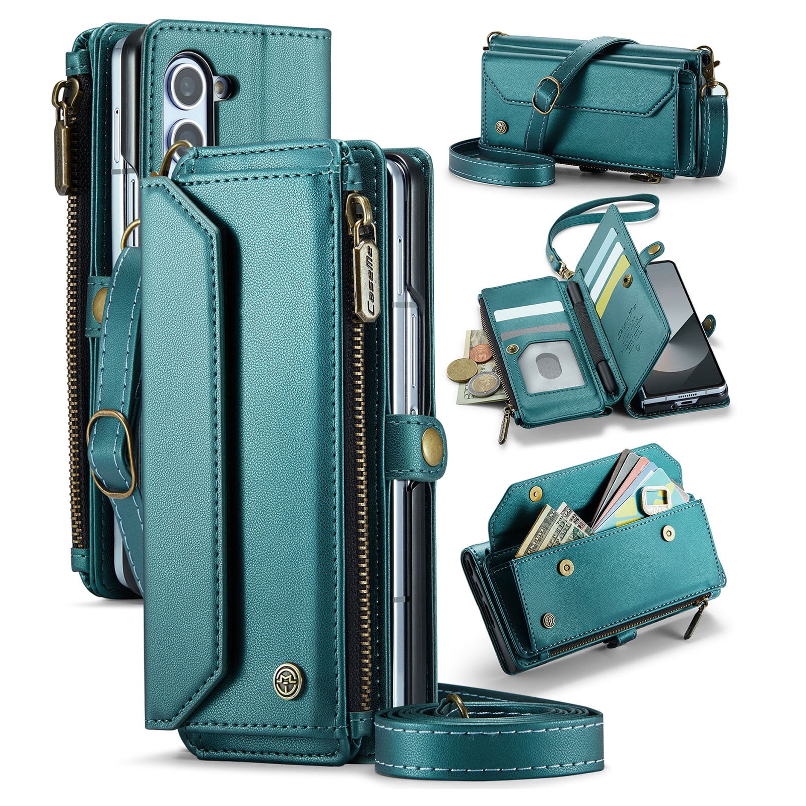 for Samsung Galaxy Z Fold 6 Full Body Protection Wallet Folio Flip Case, Shoulder Strap & Wristlet Card Slots Zipper Pocket RFID Blocking Rugged Durable PU Leather Phone Case Cover, Green