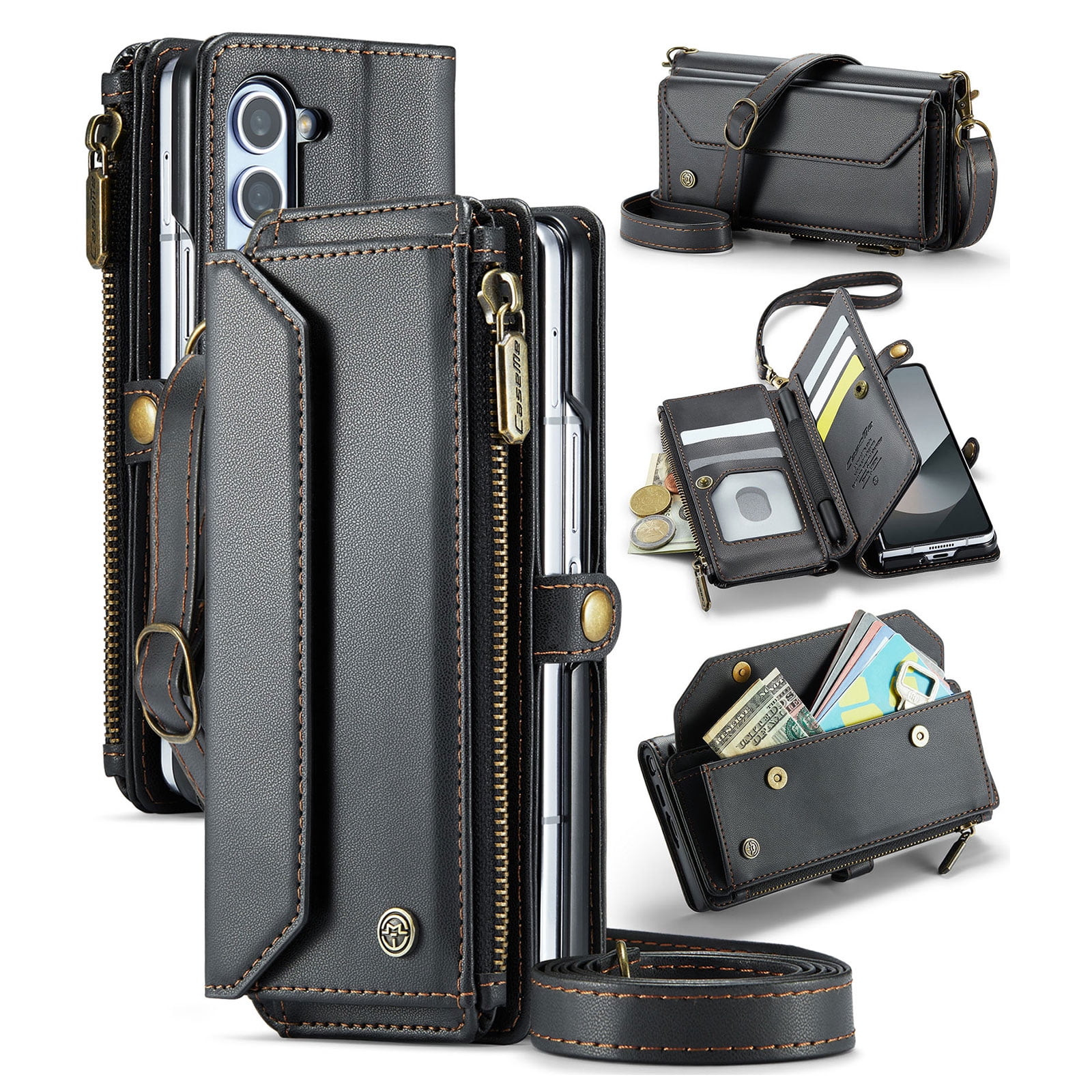 for Samsung Galaxy Z Fold 6 Full Body Protection Wallet Folio Flip Case, Shoulder Strap & Wristlet Card Slots Zipper Pocket RFID Blocking Rugged Durable PU Leather Phone Case Cover, Black