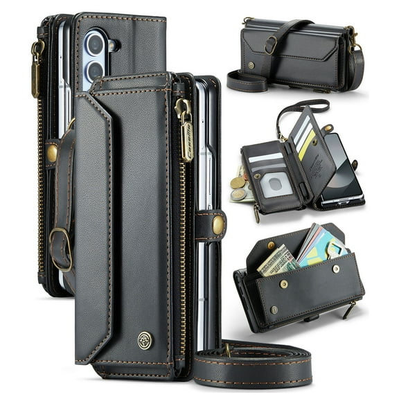 for Samsung Galaxy Z Fold 6 Full Body Protection Wallet Folio Flip Case, Shoulder Strap & Wristlet Card Slots Zipper Pocket RFID Blocking Rugged Durable PU Leather Phone Case Cover, Black