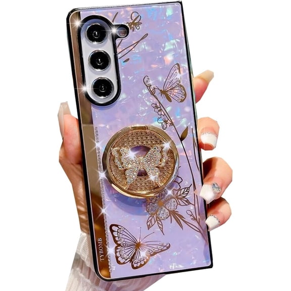 for Samsung Galaxy Z Fold 6 Glitter Kickstand Case,Cute Bling Sparkle Rhinestone Butterfly with Ring Stand Marble Elegant Shockproof Phone Case for Women Girls for Galaxy Z Fold 6 5G (Purple)