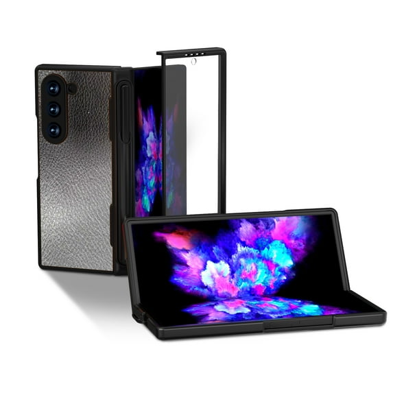 for Samsung Galaxy Z Fold 6 with Hinge Protection + Pen Holder, Stylish Litchi Pattern PU Leather +PC Folding Case with Screen Protector for Samsung Galaxy Z Fold 6, Black