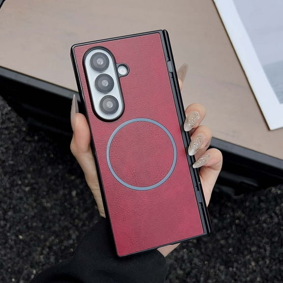 For Samsung Galaxy Z Fold 6 Magnetic Phone Case,2-in-1 Heavy Duty,Compatible with Mag-safe,With Hinge Protection,Ultra Slim PU Leather Shockproof Anti-Scratch Rugged Phone Case,Red