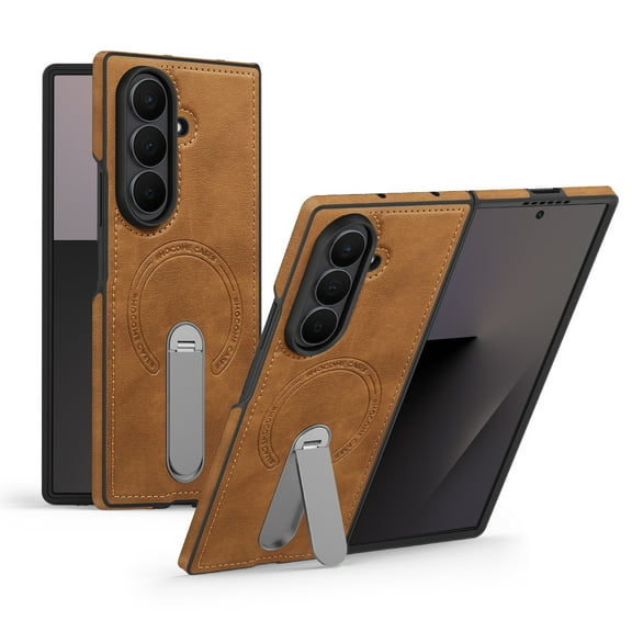 For Samsung Galaxy Z Fold 6 Magnetic Phone Case,Compatible with Mag-Safe,With 360°Rotatable Invisible Kickstand,Ultra Slim Anti-Scratch Anti-fall Shockproof Durable Phone Case,Brown